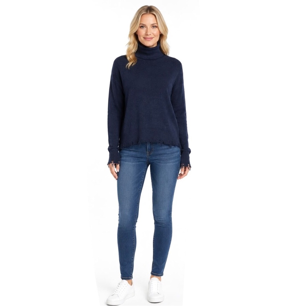 Zara Wool Alpaca Blend Sweater Turtleneck Distressed Hem And Cuff Blue Small